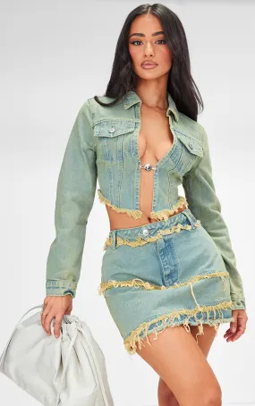Petite Veste courte moulante en jean javélisé vintage à devant ouvert